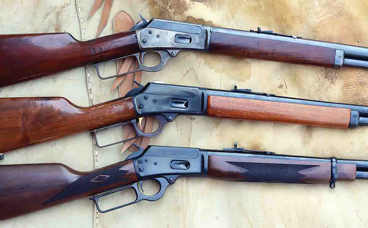 The Marlin Model 1894 has a very rich history that dates back to the Model 1889, which was a significant development for the company and is essentially the same design used on all Marlin lever-action designs to date. Marlin models include (top to bottom): an original Marlin Model 1894 chambered in 44-40, a 1975 era chambered in 44 Magnum and the current Ruger manufactured Model 1894 chambered in 44 Magnum.